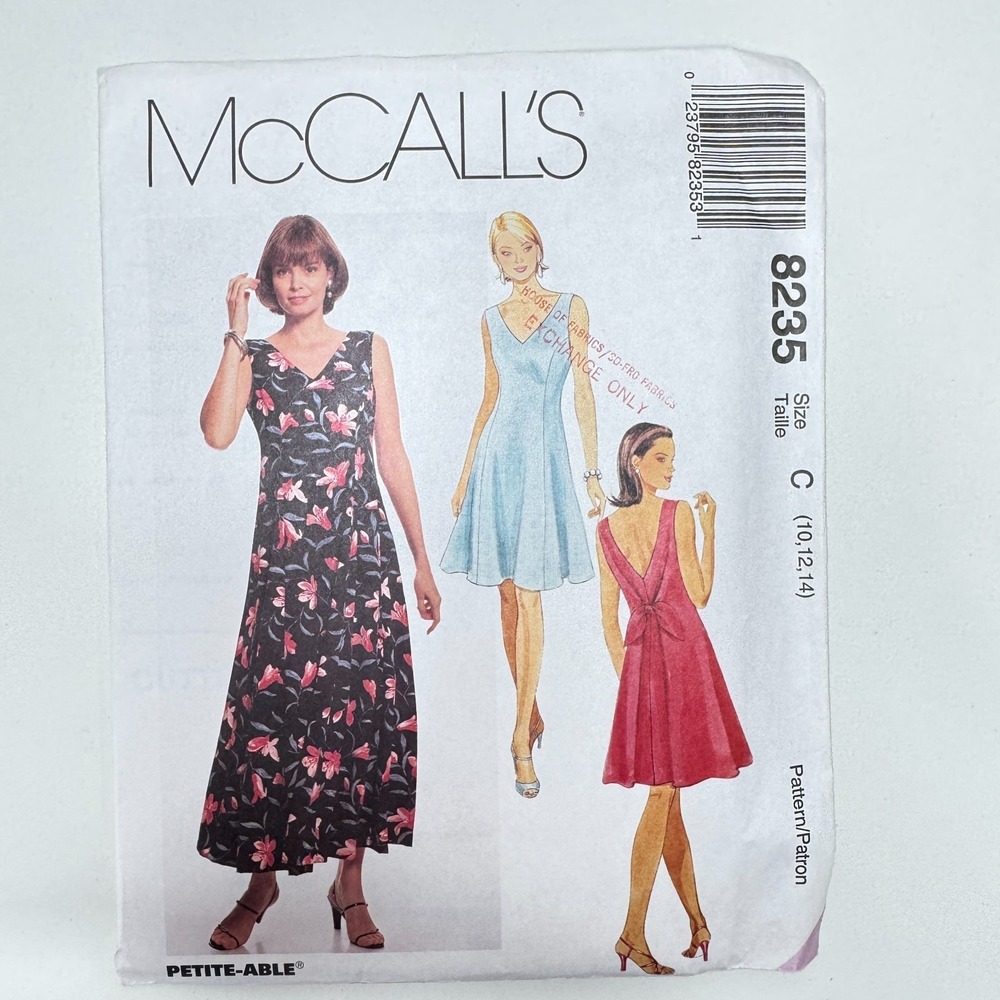 McCALLS 8235 Cut Sewing Pattern Sleeveless Dress w. Variations 10 12 14 V-neck